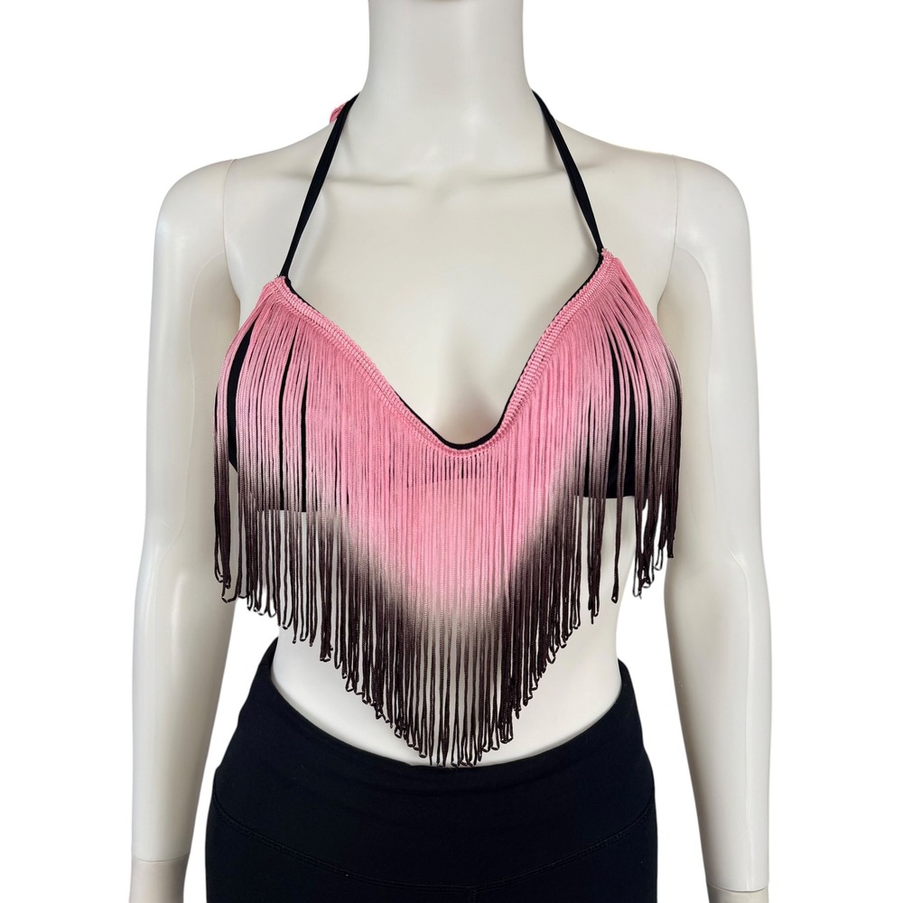 Bikini Lab Womens Ombre Fringe Halter Bikini Top Black Pink Festival‎ Swimwear